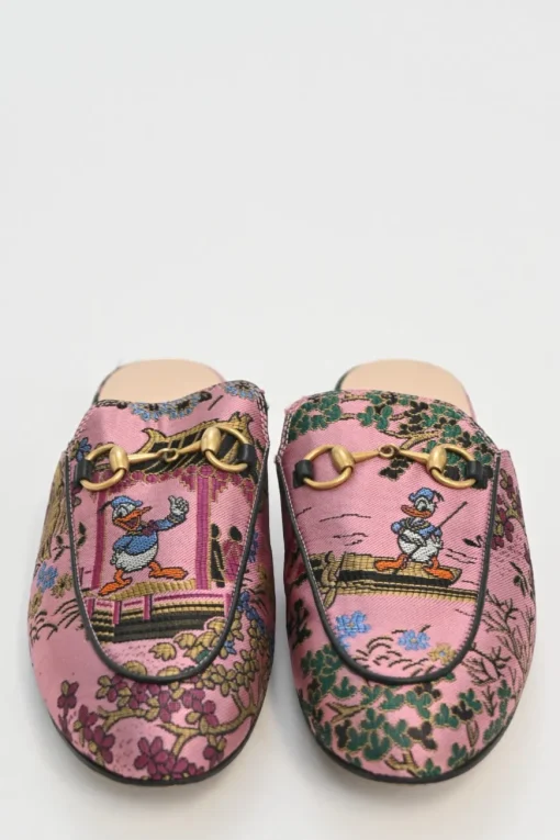 x Disney pink satin jacquard and leather Princetown horsebit slippers