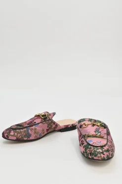 x Disney pink satin jacquard and leather Princetown horsebit slippers