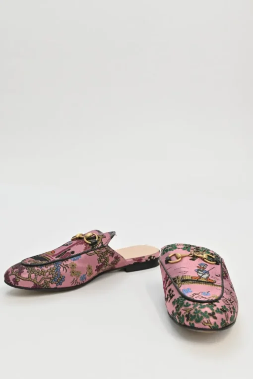 x Disney pink satin jacquard and leather Princetown horsebit slippers