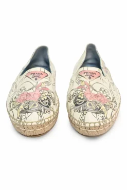 x James Jean ecru and blush printed leather and raffia slip-on espadrilles featuring bunny motif