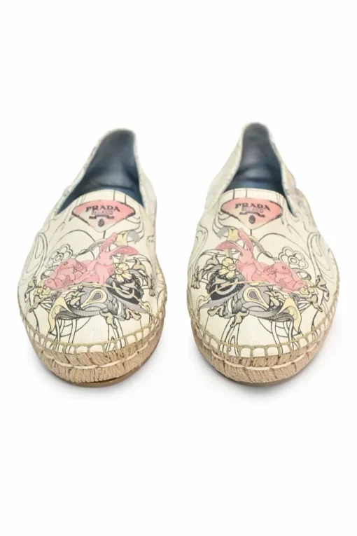 x James Jean ecru and blush printed leather and raffia slip-on espadrilles featuring bunny motif