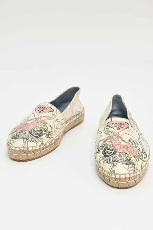 x James Jean ecru and blush printed leather and raffia slip-on espadrilles featuring bunny motif