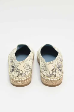 x James Jean ecru and blush printed leather and raffia slip-on espadrilles featuring bunny motif