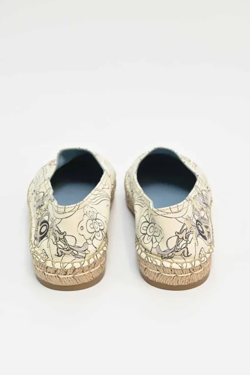 x James Jean ecru and blush printed leather and raffia slip-on espadrilles featuring bunny motif