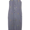 x Mr. Men Mr. Happy embroidered striped indigo cotton-blend denim button-front jumpsuit