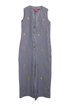 x Mr. Men Mr. Happy embroidered striped indigo cotton-blend denim button-front jumpsuit