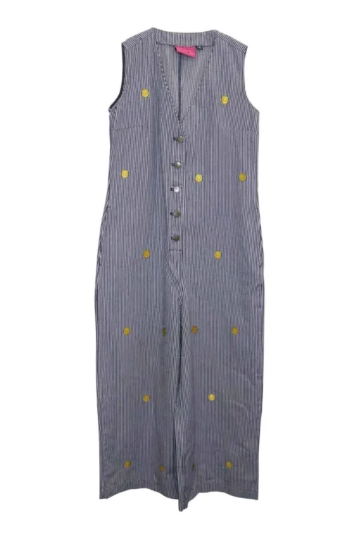 x Mr. Men Mr. Happy embroidered striped indigo cotton-blend denim button-front jumpsuit