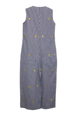 x Mr. Men Mr. Happy embroidered striped indigo cotton-blend denim button-front jumpsuit