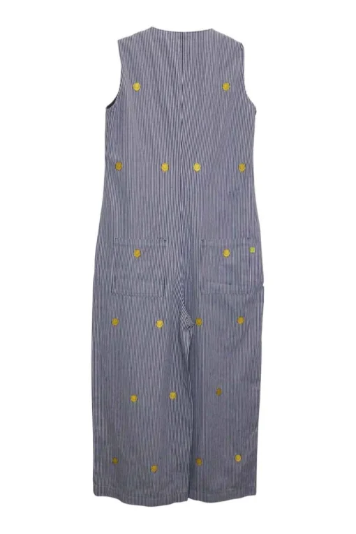x Mr. Men Mr. Happy embroidered striped indigo cotton-blend denim button-front jumpsuit