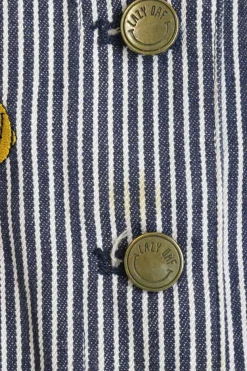 x Mr. Men Mr. Happy embroidered striped indigo cotton-blend denim button-front jumpsuit