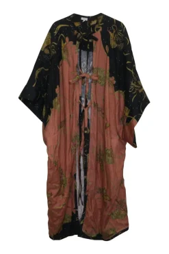 x Paula's Ibiza navy and peach linen novelty print tie-front resort wear robe