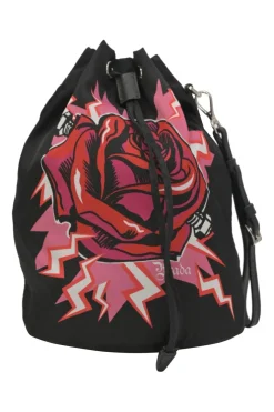 x Universal Studios black printed ripstop nylon and leather Tessuto stampata rose print bucket wristlet bag