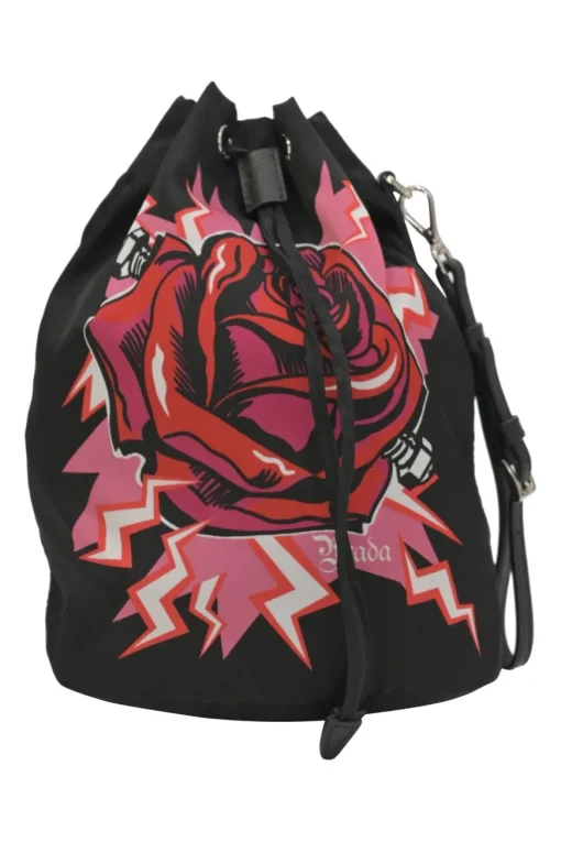x Universal Studios black printed ripstop nylon and leather Tessuto stampata rose print bucket wristlet bag