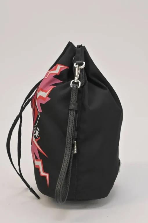 x Universal Studios black printed ripstop nylon and leather Tessuto stampata rose print bucket wristlet bag