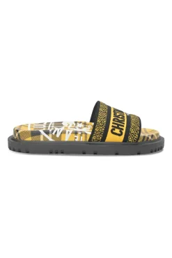 Yellow and black Dway Check'N'Dior canvas and leather anatomic slide sandals with tread soles