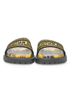 Yellow and black Dway Check'N'Dior canvas and leather anatomic slide sandals with tread soles