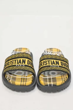 Yellow and black Dway Check'N'Dior canvas and leather anatomic slide sandals with tread soles