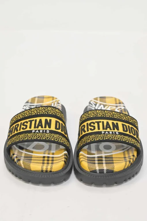 Yellow and black Dway Check'N'Dior canvas and leather anatomic slide sandals with tread soles