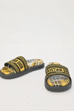 Yellow and black Dway Check'N'Dior canvas and leather anatomic slide sandals with tread soles