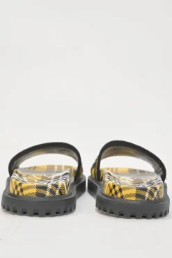 Yellow and black Dway Check'N'Dior canvas and leather anatomic slide sandals with tread soles