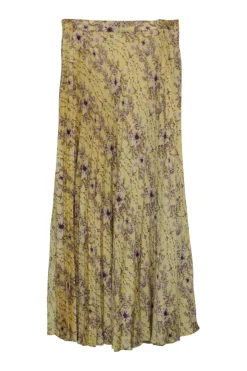 Yellow bias-cut polyester satin floral print pull-on plissé Lilou midi skirt