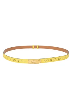 Yellow brogued Epsom leather Garden Party 18 belt with gold-finish Kelly buckle