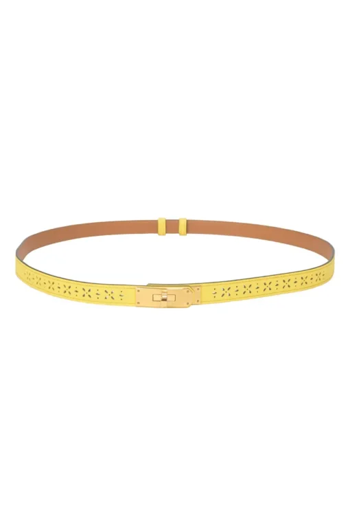 Yellow brogued Epsom leather Garden Party 18 belt with gold-finish Kelly buckle