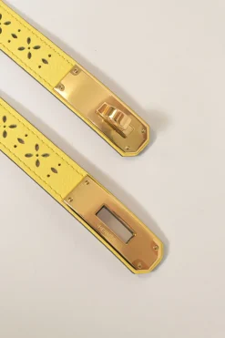 Yellow brogued Epsom leather Garden Party 18 belt with gold-finish Kelly buckle