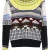 Yellow cashmere fully-fashioned patchwork-style jacquard knit pullover crewneck sweater