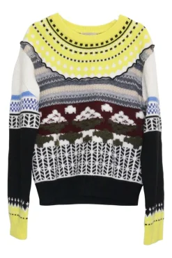 Yellow cashmere fully-fashioned patchwork-style jacquard knit pullover crewneck sweater