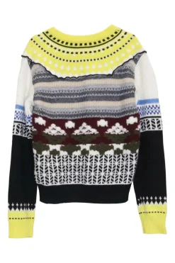Yellow cashmere fully-fashioned patchwork-style jacquard knit pullover crewneck sweater