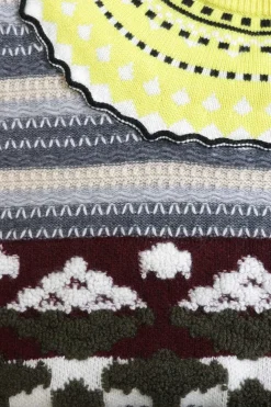 Yellow cashmere fully-fashioned patchwork-style jacquard knit pullover crewneck sweater