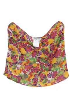Yellow cotton floral print low-rise ruched mini skirt