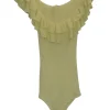 Yellow cotton fully-fashioned rib off-shoulder ruffle bodysuit