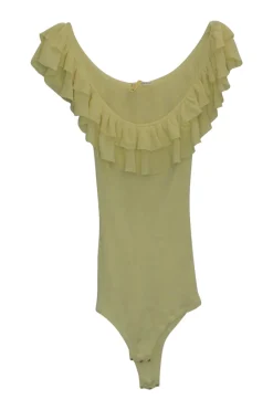 Yellow cotton fully-fashioned rib off-shoulder ruffle bodysuit