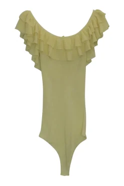 Yellow cotton fully-fashioned rib off-shoulder ruffle bodysuit