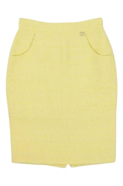 Yellow cotton-blend bouclé tweed knee-length pencil skirt