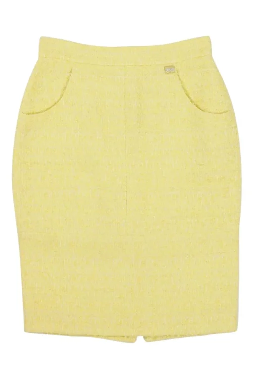Yellow cotton-blend bouclé tweed knee-length pencil skirt