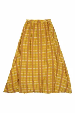 Yellow cotton-blend check pull-on high-rise gathered circle midi skirt