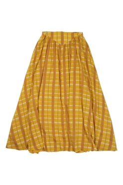 Yellow cotton-blend check pull-on high-rise gathered circle midi skirt