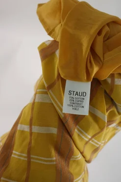 Yellow cotton-blend check pull-on high-rise gathered circle midi skirt