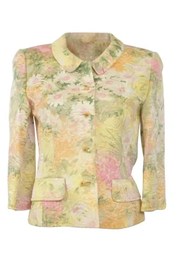 Yellow cotton-blend floral brocade single breasted portrait collar jacket and pencil skirt suit set