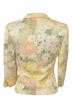 Yellow cotton-blend floral brocade single breasted portrait collar jacket and pencil skirt suit set