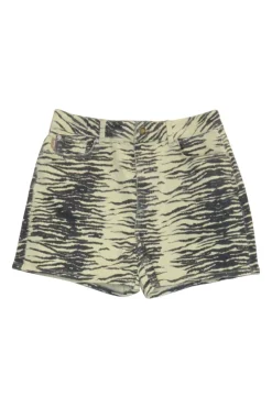 Yellow cotton-blend tiger print twill pull-on five-pocket denim shorts with unfinished raw edges
