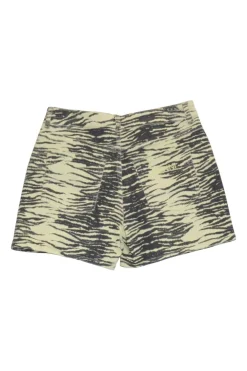 Yellow cotton-blend tiger print twill pull-on five-pocket denim shorts with unfinished raw edges