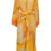 Yellow crinkle abstract marble print Odelia band collar button-front tie-waist coverup with fringe cuffs