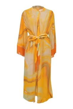 Yellow crinkle abstract marble print Odelia band collar button-front tie-waist coverup with fringe cuffs