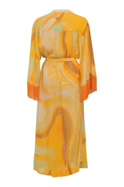 Yellow crinkle abstract marble print Odelia band collar button-front tie-waist coverup with fringe cuffs