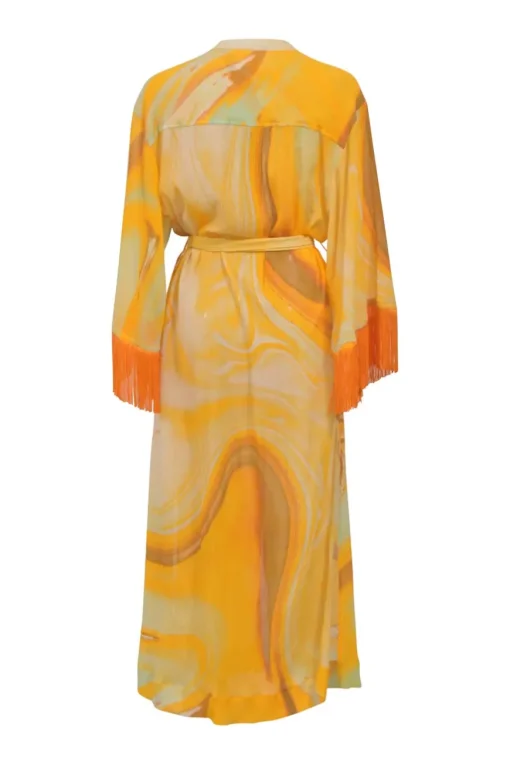 Yellow crinkle abstract marble print Odelia band collar button-front tie-waist coverup with fringe cuffs