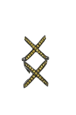 Yellow crystal-embellished gunmetal stacked criss-cross ring